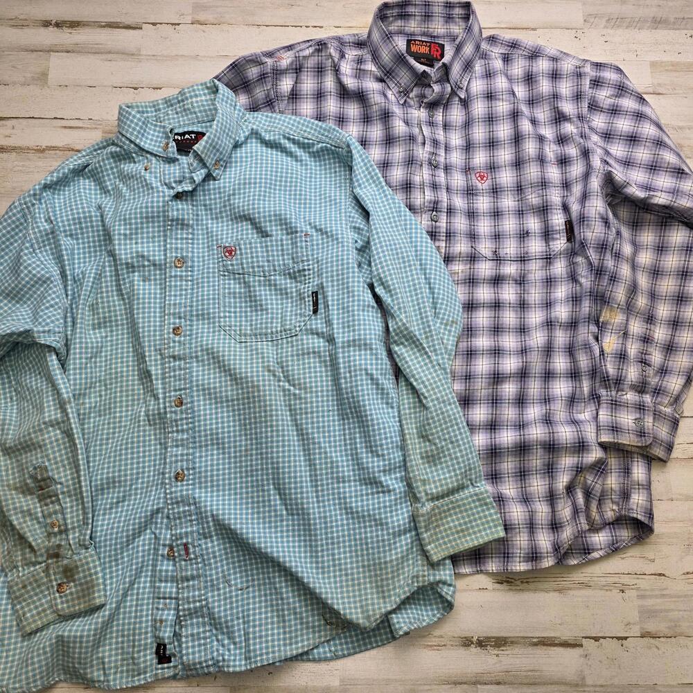 Lot of 2 DISTRESSED Ariat FR Work Shirts Men's XL Button-Up Stained Worn Flaws